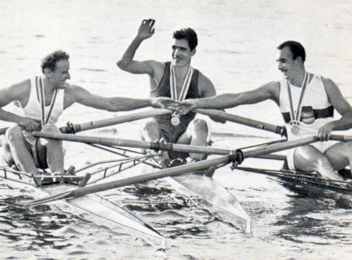 cc ned 1964 brio olympische spelen serie f foto no. f1 the three m1x medal winners from left to right kottmann sui bronze ivanov urs gold and hillgdr silver on the toda regatta course