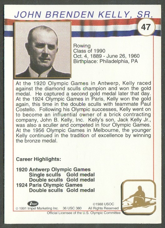 cc usa 1991 u.s. olympic cards hall of fame no. 47 john brenden kelly sr. reverse