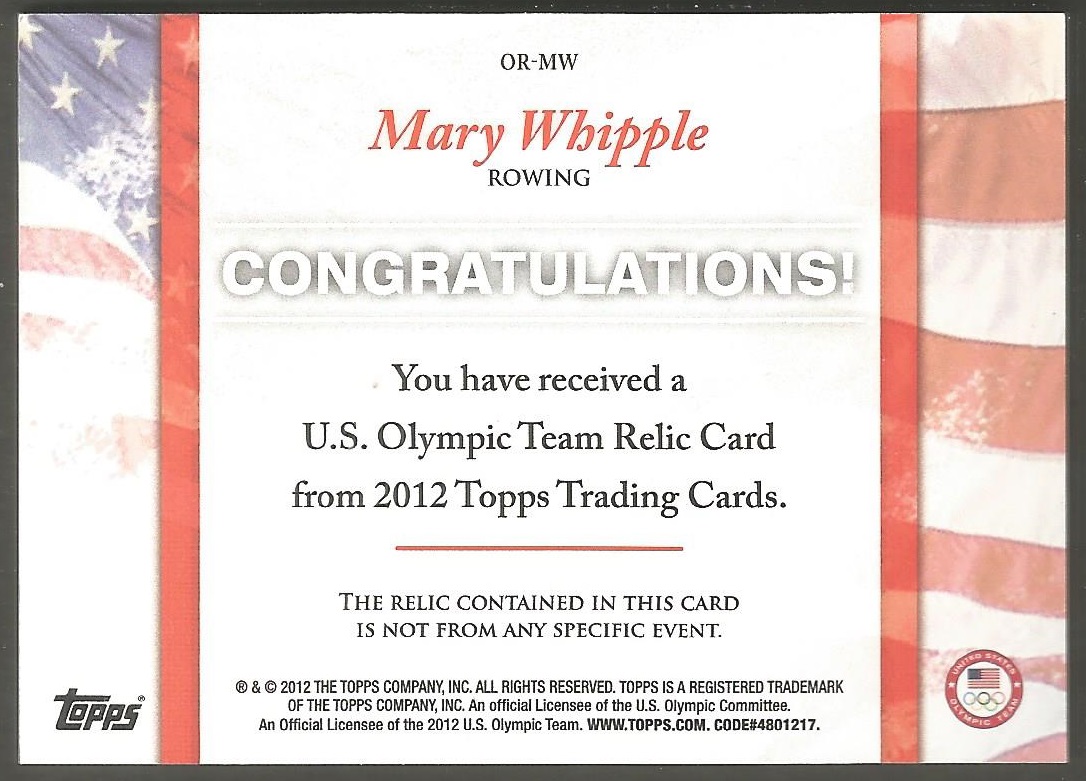 cc usa 2012 topps company u.s. olympic team relic card mary whipple reverse