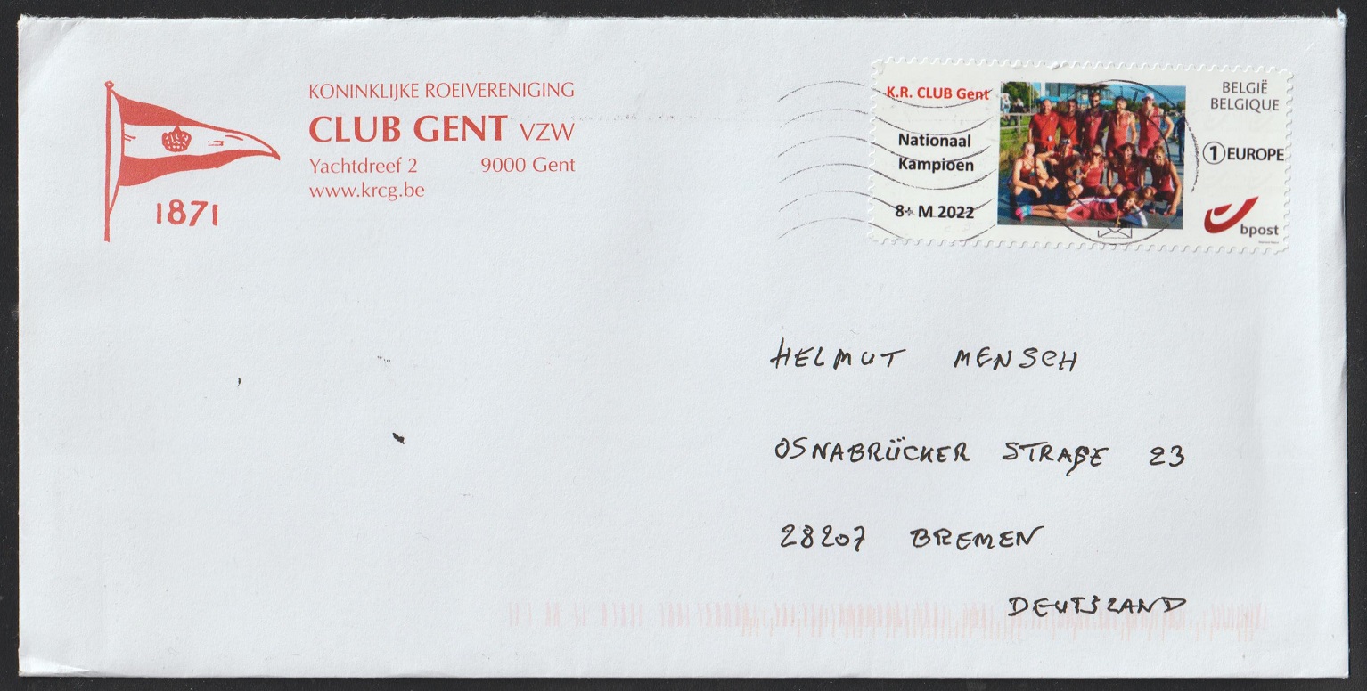 Stamp BEL 2022 personalized issue K.R. Club Ghent on cover to Germany 