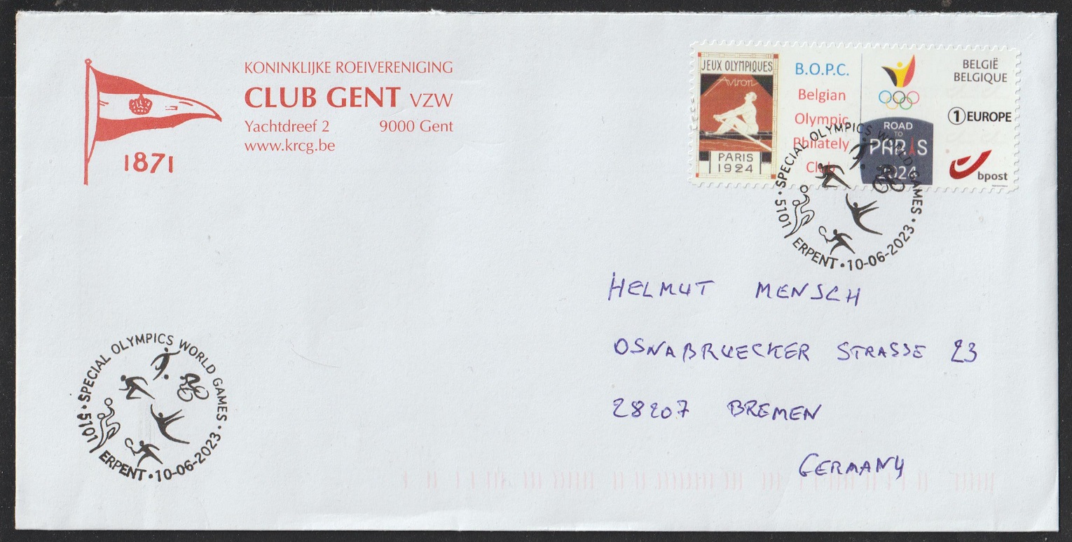 Stamp BEL 2023 personalized issue Belgian Olympic Philately Club on cover to Germany 