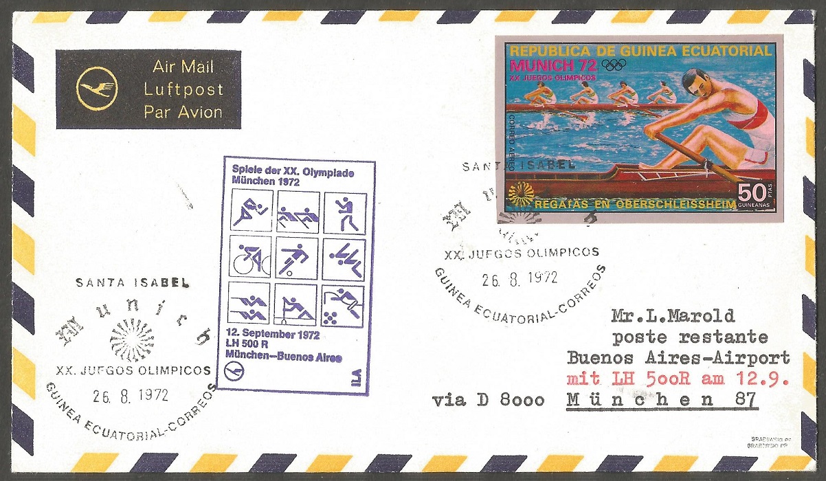 Stamp GEQ 1972 OG Munich on air mail cover