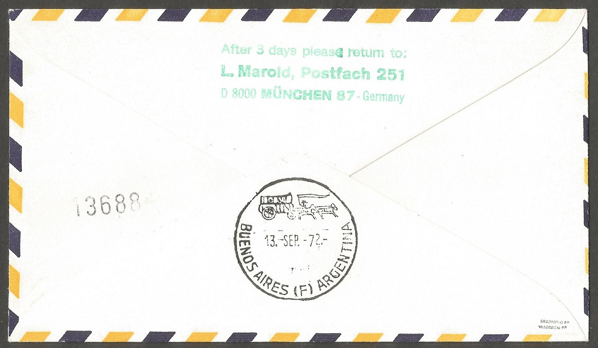 Stamp GEQ OG Minich1972 on air mail cover reverse