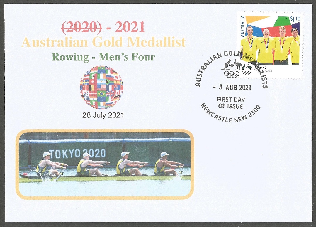 FDC AUS 2021 Aug. 3rd Newcastle OG Tokyo 2020 M4 gold medal winner crew AUS