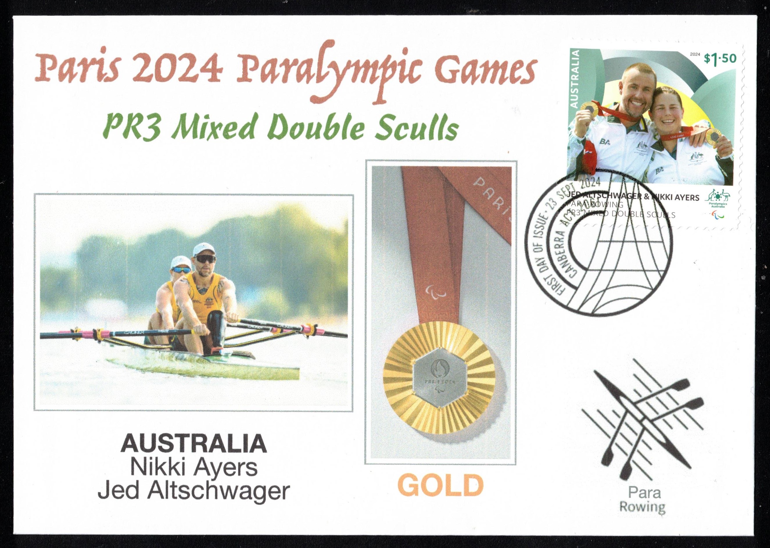 FDC AUS 2024 Sept. 23rd Canberra Paralympics Games Paris PR3 Mixed Double Sculls gold medal winners N. Ayers J. Altschwager AUS