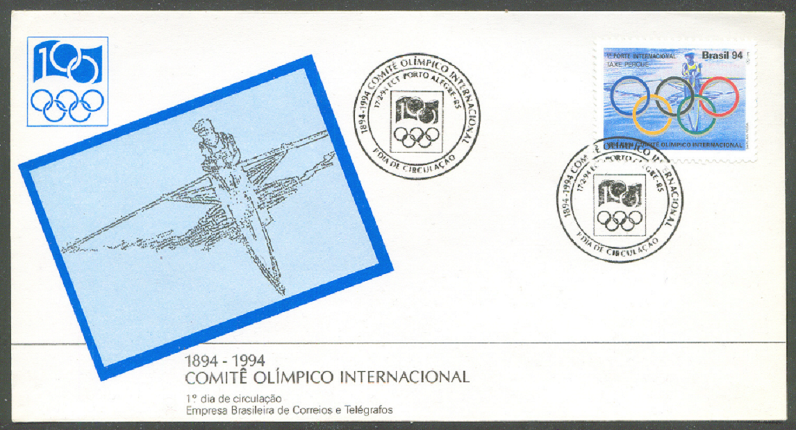 FDC BRA 1994 Febr. 17th 100 years IOC Single sculler Olympic rings