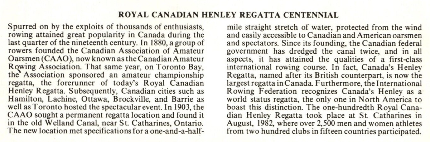 FDC CAN 1982 Aug. 4th Royal Canadian Henley Regatta reverse