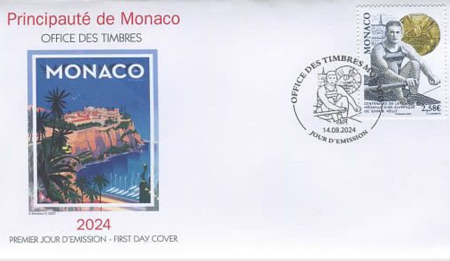 FDC MON 2024 Aug. 14th John B. Kellys M1X Olympic gold medal win Paris 1924 centenary