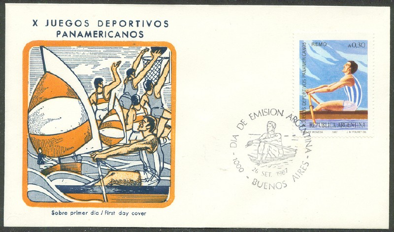 fdc arg 1987 sept. 26th pan american games indianapolis with rowing pm