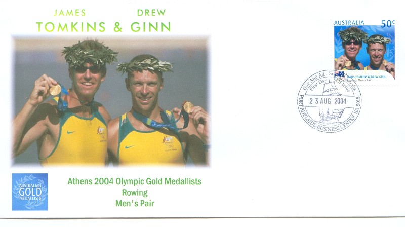 fdc aus 2004 aug. 23rd og athens j. tomkins d. ginn gold medallists m2 port adelaide