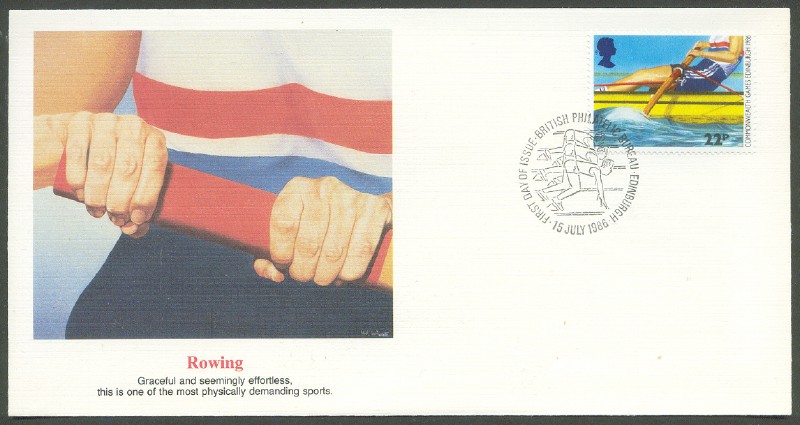 fdc gbr 1986 july 15th commonwealth games rower at finish of stroke pm edinburgh with photo of rower in dressed in national colours 
