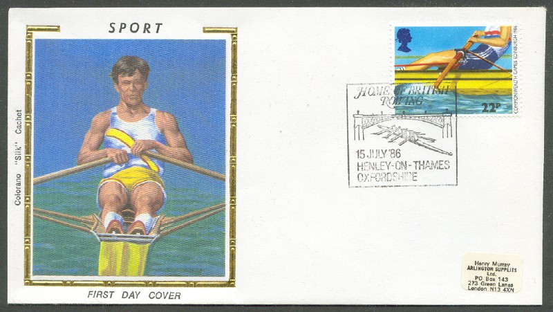 fdc gbr 1986 july 15th commonwealth games rower at finish of stroke pm henley with silk cachet single sculler