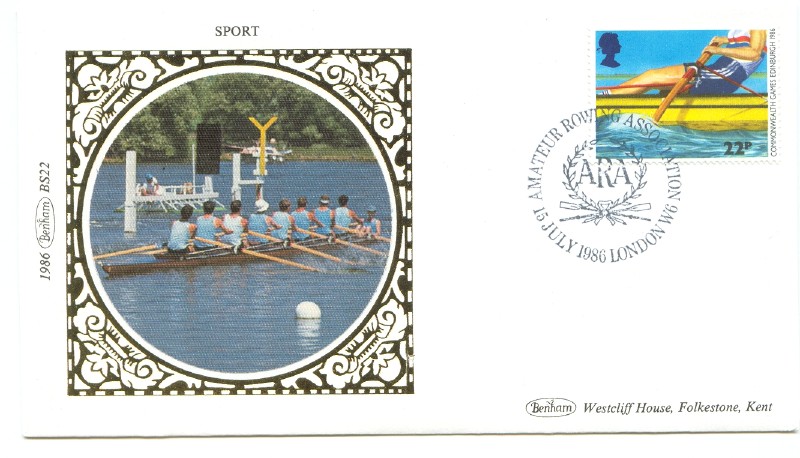 fdc gbr 1986 july 15th commonwealth games rower at finish of stroke pm london ara on silk cover with 8 at henley