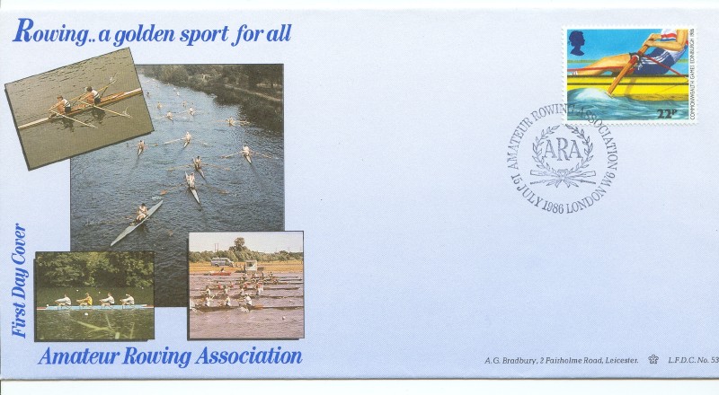 fdc gbr 1986 july 15th commonwealth games rower at finish of stroke pm london with illustration of four photos showing different types of boats