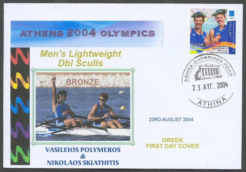 fdc gre 2004 aug. 23rd mi 2249 og athens with photo of the bronze medal winners in the lw2x event