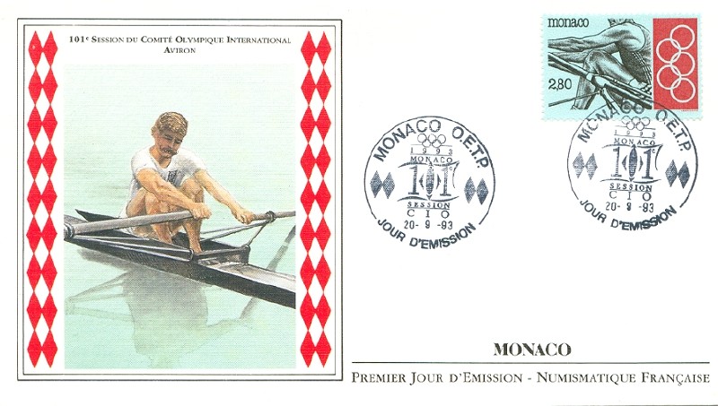 fdc mon 1993 sept. 20th session du comite olympique international detail of sculler at the beginning of a stroke 