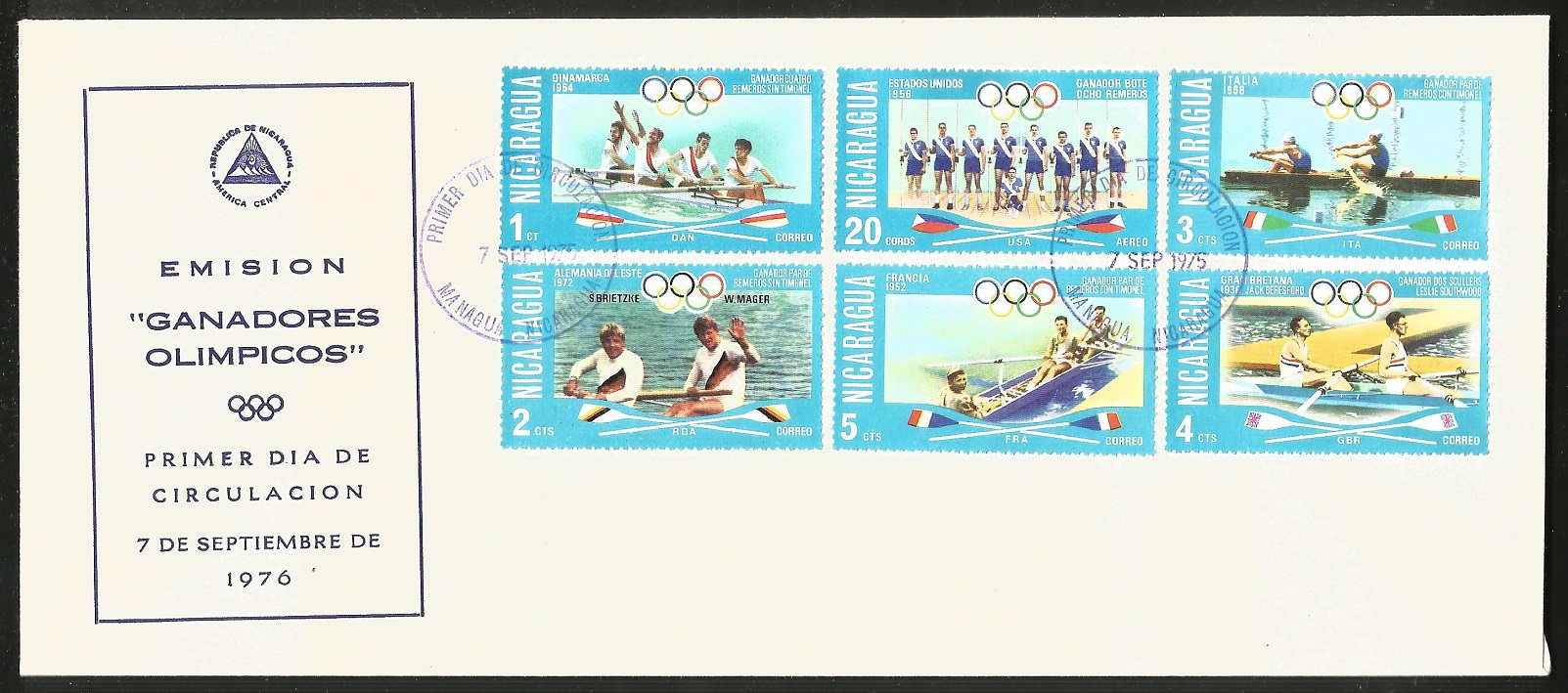 fdc nca 1976 sept. 7th olympic rowing champions ii with wrong cacellation date 1975