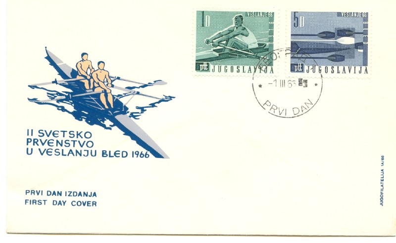 fdc yug 1966 march 1st wrc bled 1 d green single sculler 5 d blue blades bow of boat 1st march 1966