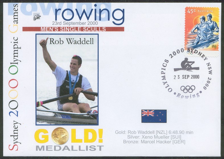illustrated cover aus 2000 og sydney honouring rob waddell nzl gold medal winner 1x with pm of final and stamp mi 1966 from booklet