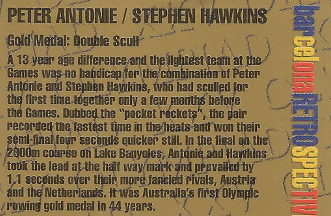 CC AUS 1996 INTREPID No. 65 OG Barcelona Peter Antonie Stephen Hawkins AUS M2X gold medal winners reverse detail 