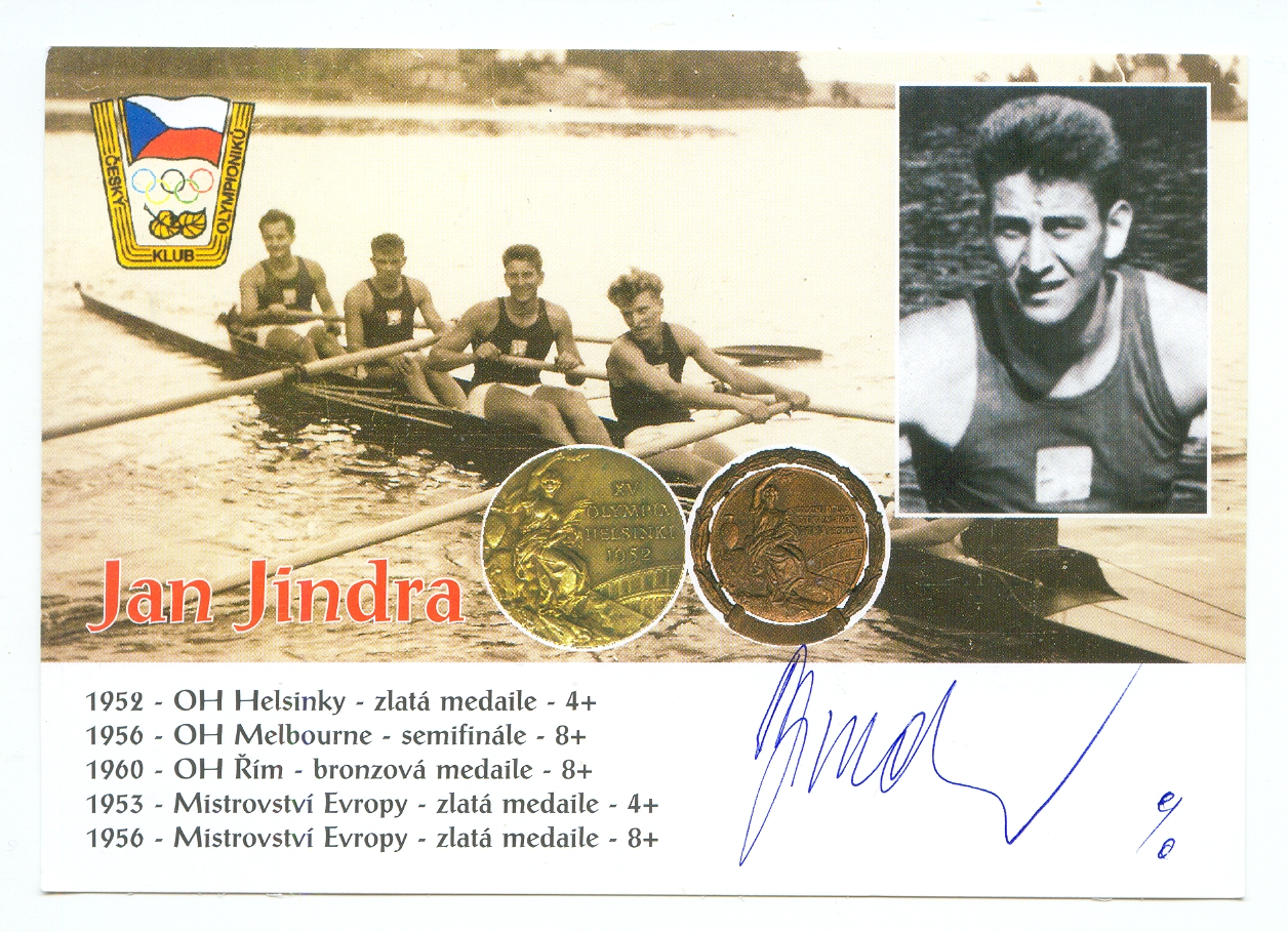 Photo TCH OG Helsinki 1952 Gold medal in 4 event TCH 4 with small photo and signature of Jan Jindra