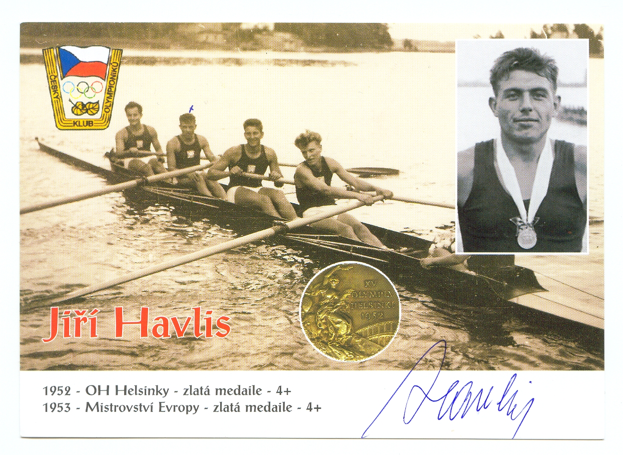 Photo TCH OG Helsinki 1952 Gold medal in 4 event TCH 4 with small photo and signature of Jiri Havlis