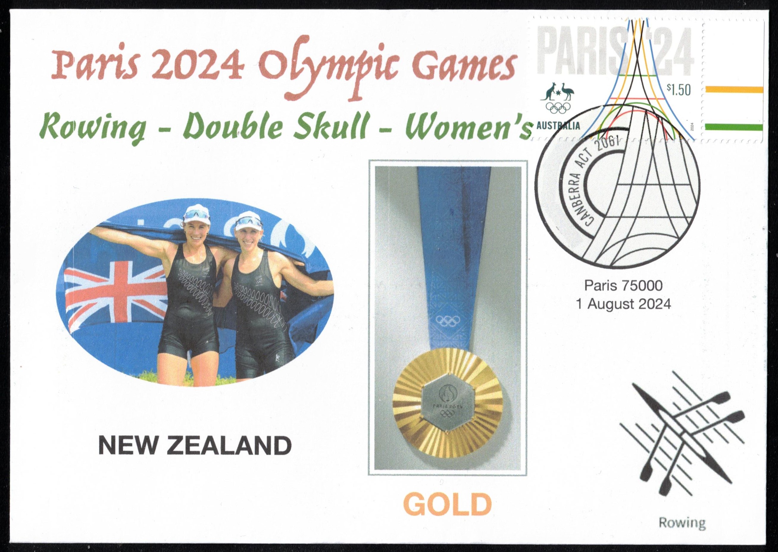 Illustrated cover AUS 2024 OG Paris W2X gold medal winners B. Francis L. Spoors NZL