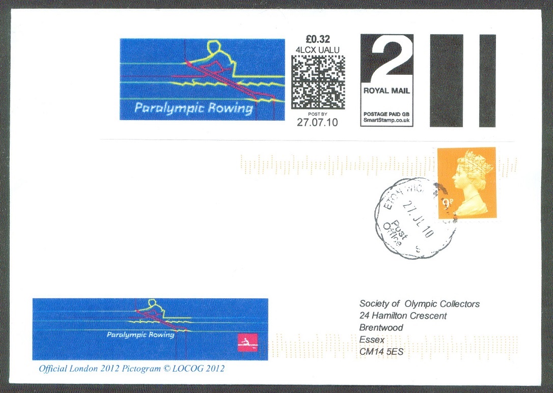 Illustrated cover GBR 2010 July 27th Eton Paralympic Games London with self adhesive postage label pictogram for Adaptive Rowing