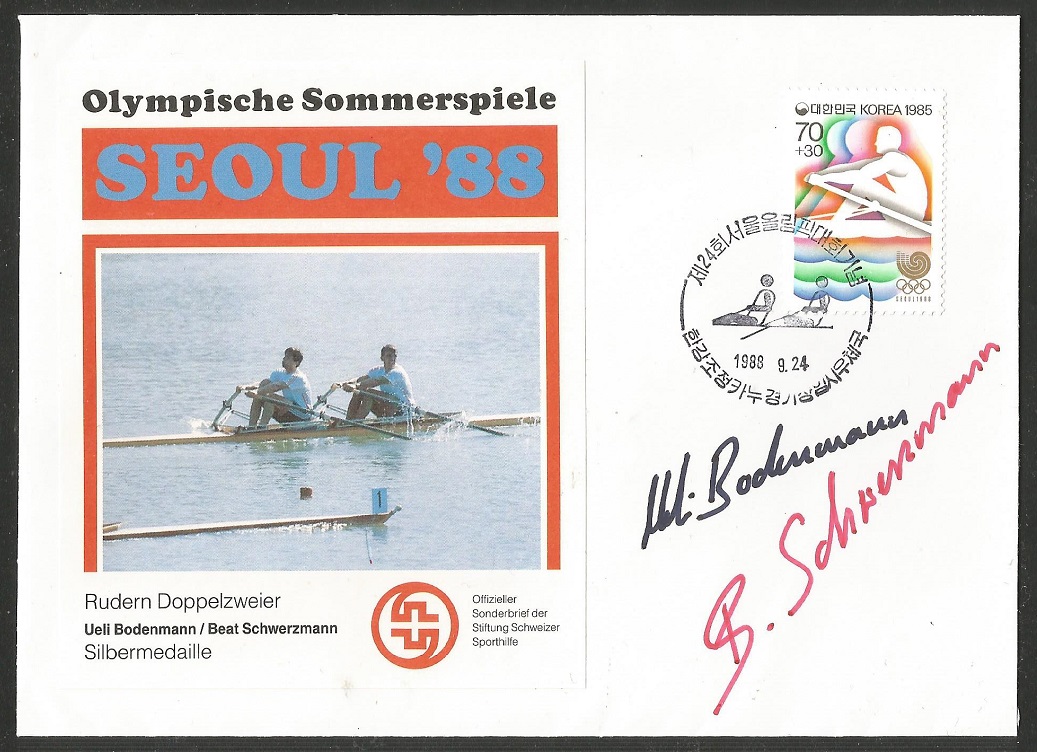 Illustrated cover KOR 1988 Sept. 24th OG Seoul M2X silver medal for U. Bodemann B. Schwerzmann SUI