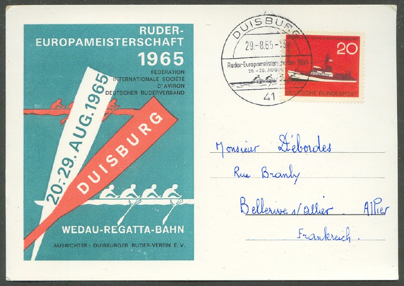 illustrated card ger 1965 erc duisburg with pm aug. 29th logo 