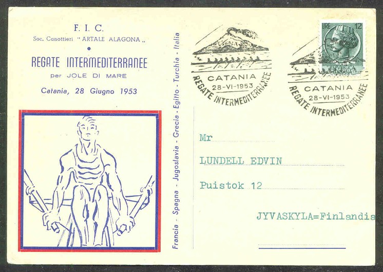 illustrated card ita 1953 june 28th catania mediterranean regatta 8 with volcano aetna in background 