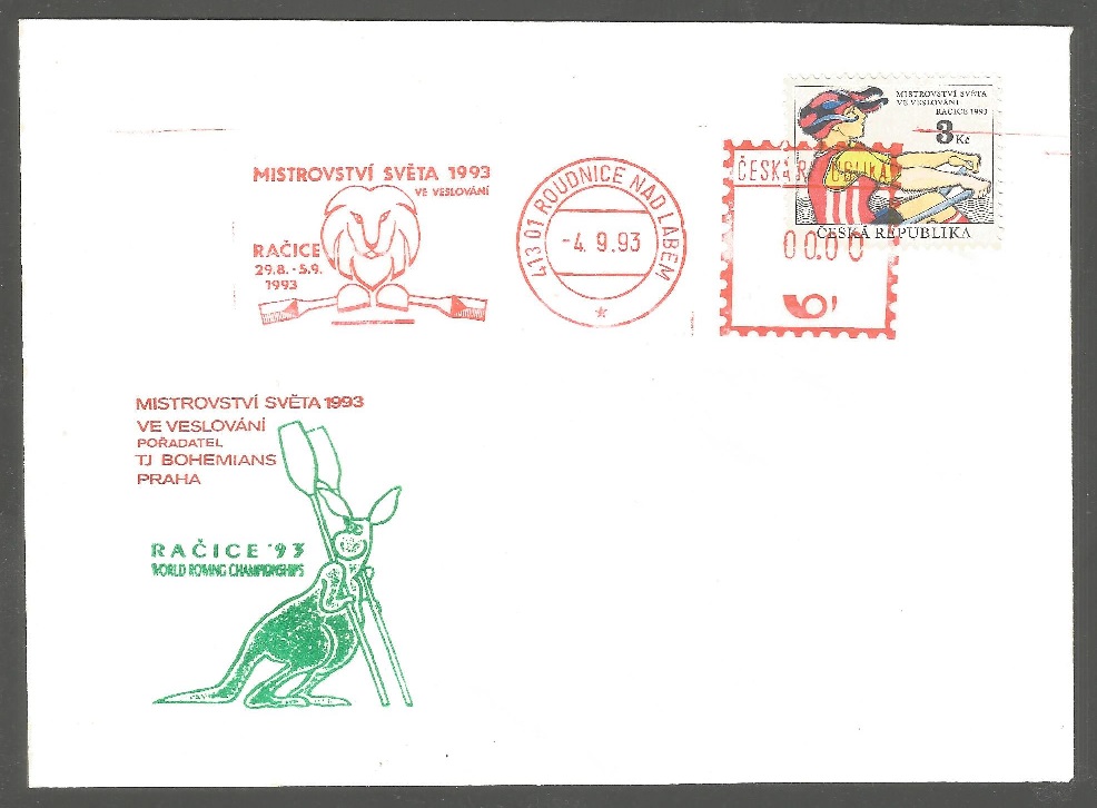 illustrated cover cze 1993 wrc racice with stamp red meter pm and green kangaroo mascot