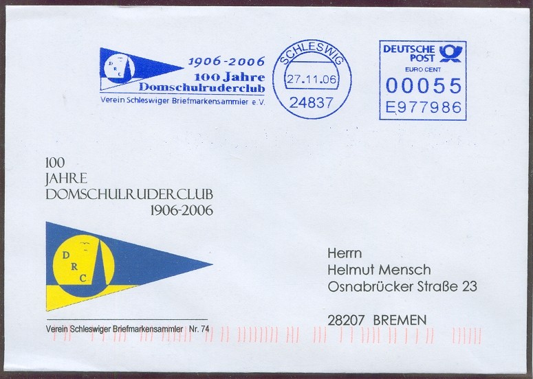 illustrated cover ger 2006 domschulruderclub schleswig 100 jahre with pm blue meter mark 