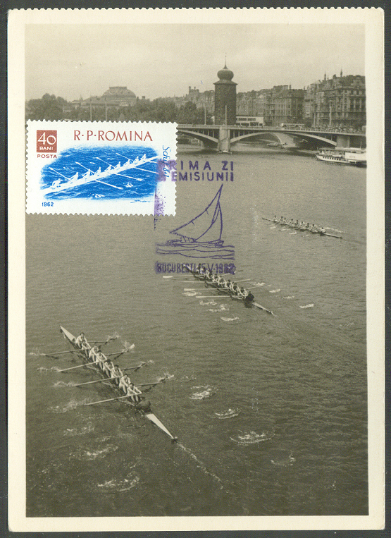 mc rou 1962 with fdc pm may 15th on photo depicting three 8 rowing on the moldau river at prague