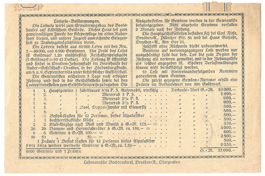 Lottery ticket GER 1924 Rudergesellschat Dresden reverse