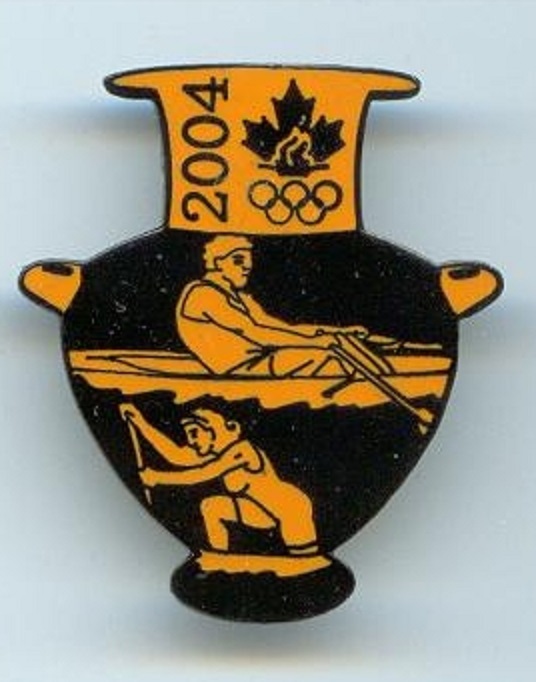 Pin CAN OG Athens 2004 vase shaped Single sculler canoeist in yellow on black background