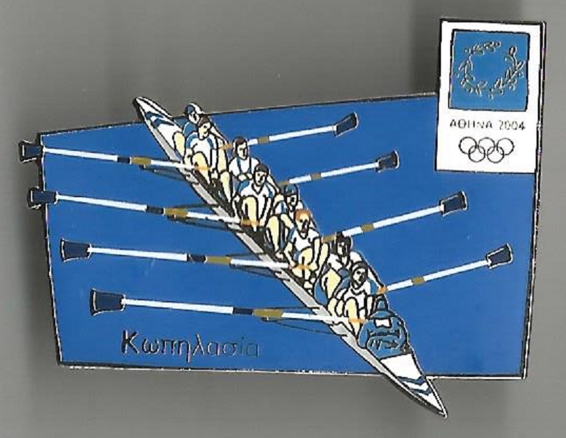 Pin GRE OG Athens 2004 M8 with logo of the Games and inscription Rowing