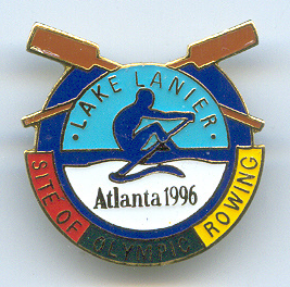 Pin USA 1996 OG Atlanta Lake Lanier Site of Olympic Rowing Pictogram under crossed oars on blue and white background