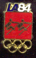 pin usa 1984 og los angeles golden pictogram on red background with la84 above and olympic rings underneath 