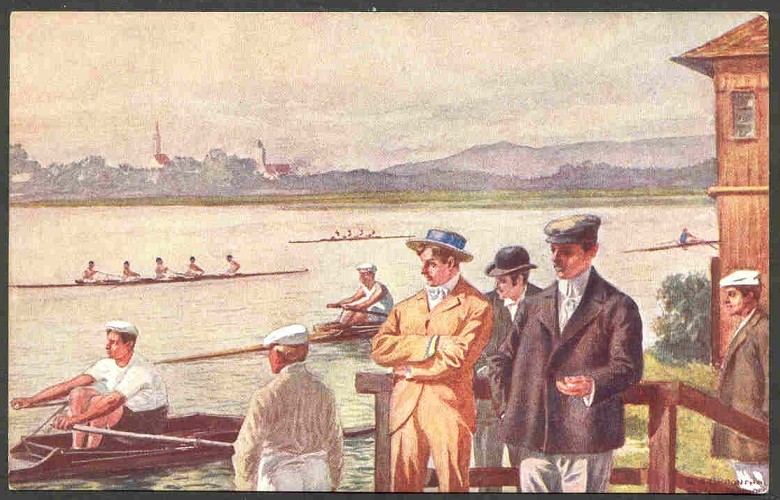 pc aut b.k.w.i. 460 1 drawing of five men watching a single sculler with other boats training on the water 