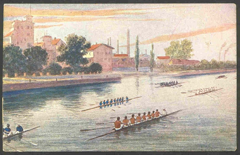 pc aut b.k.w.i. 460 3 drawing of several 8 rowing on canal or river 