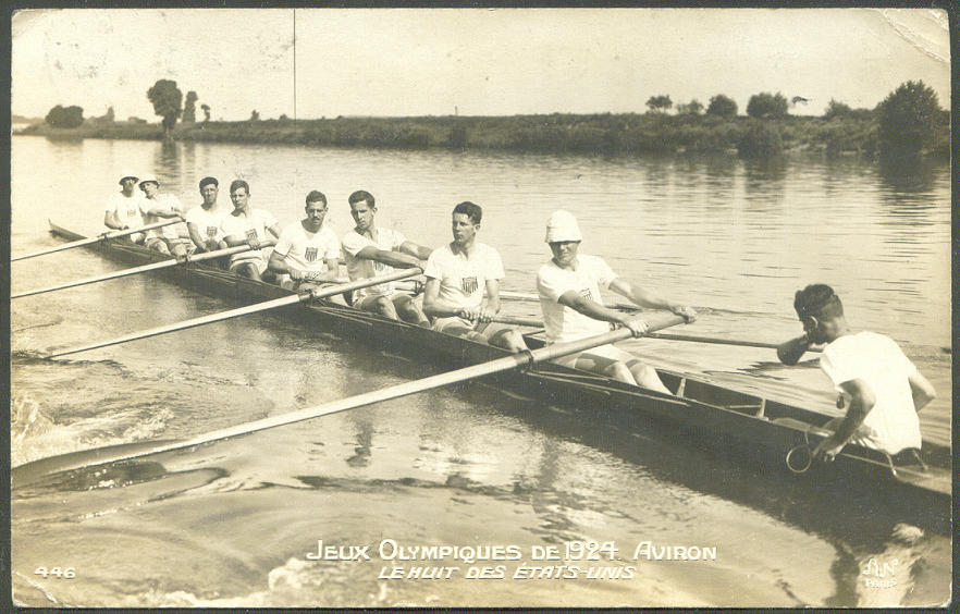 pc fra 1924 og paris no. 446 the usa 8 crew gold medal winner pu 1924 with text praising the performance of this crew