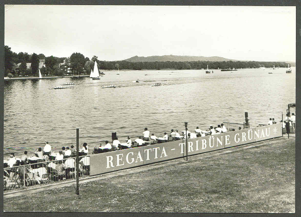 pc gdr 1970 berlin grnau regatta grounds photo of 4 race in progress sign regatta tribne grnau