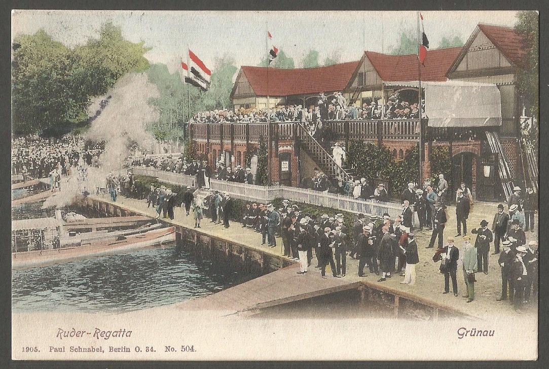 PC GER Berlin Gruenau I 1905 Boathouses and spectators during the regatta