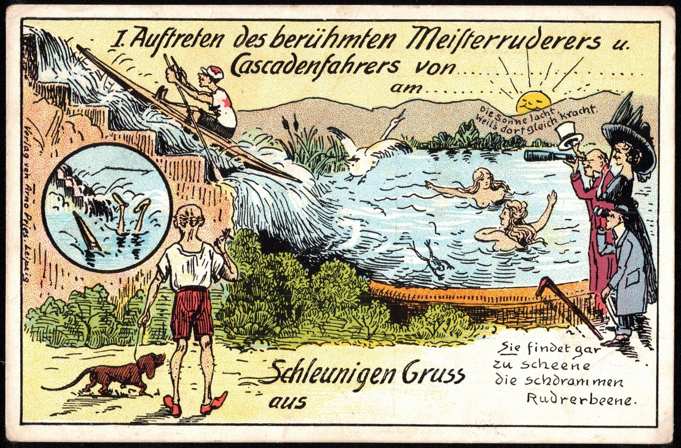 PC GER cartoon with sculler on cascade Verlag Arno Pries
