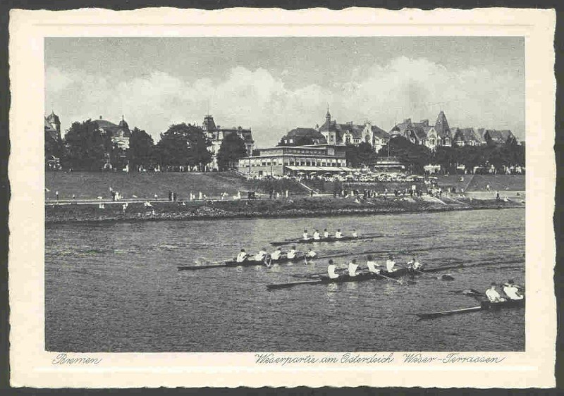 pc ger bremen 1930 regatta on the weser river four 4 racing with restaurant weser terrrassen in background 