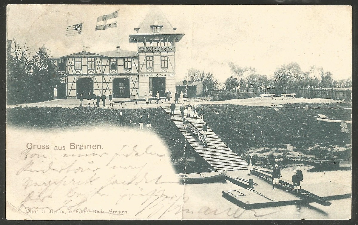 pc ger bremer rv 1882 front view of 2nd boathouse 1891 1905 with bridge leading to pontoon pu 1899