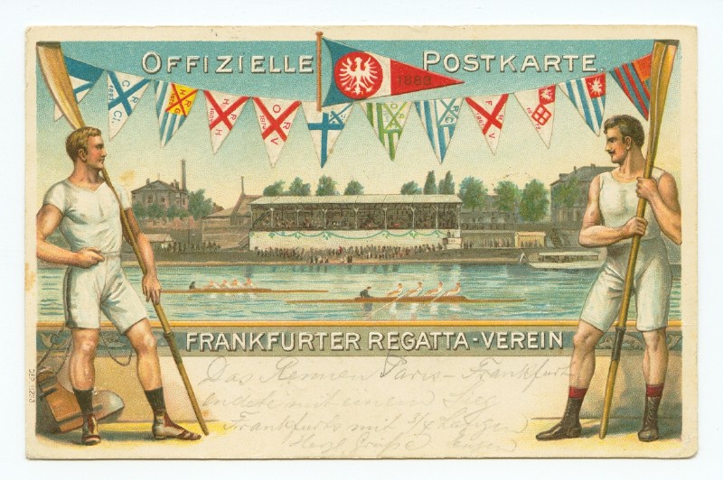 pc ger frankfurter regatta verein 1904 litho coloured drawing of two 4 crossing finish line grandstand flag parade between two rowers 
