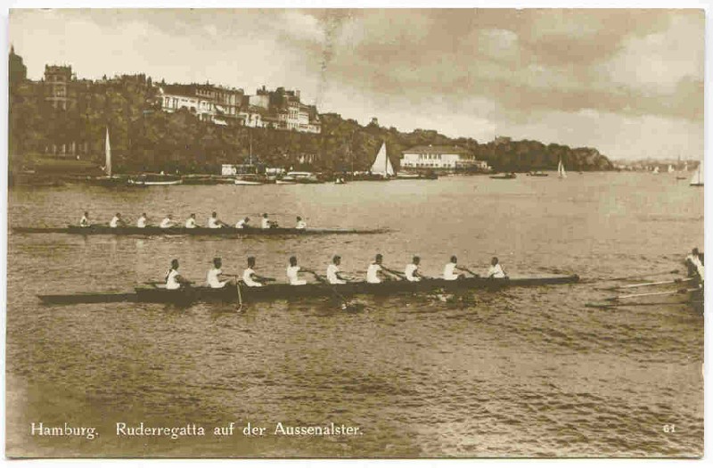 pc ger hamburg regatta 1929 photo of two 8 with allemannia boathouse in background 