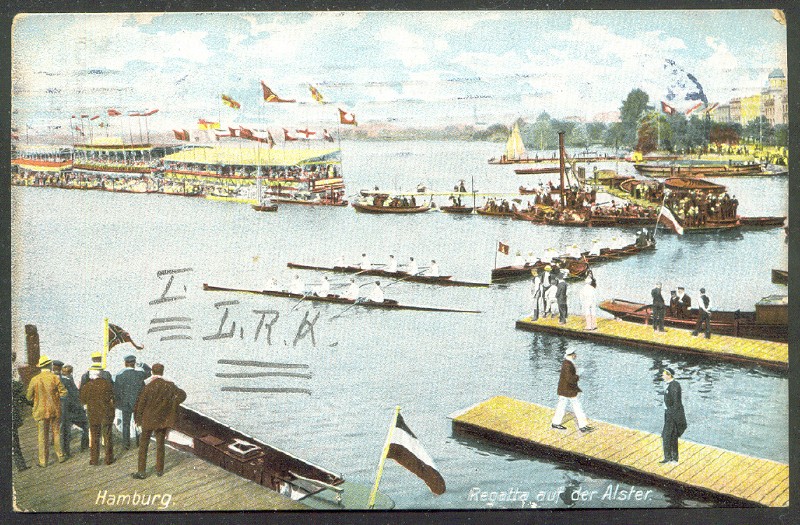 pc ger hamburger regatta pu 1909 two m4 with grandstand in background 